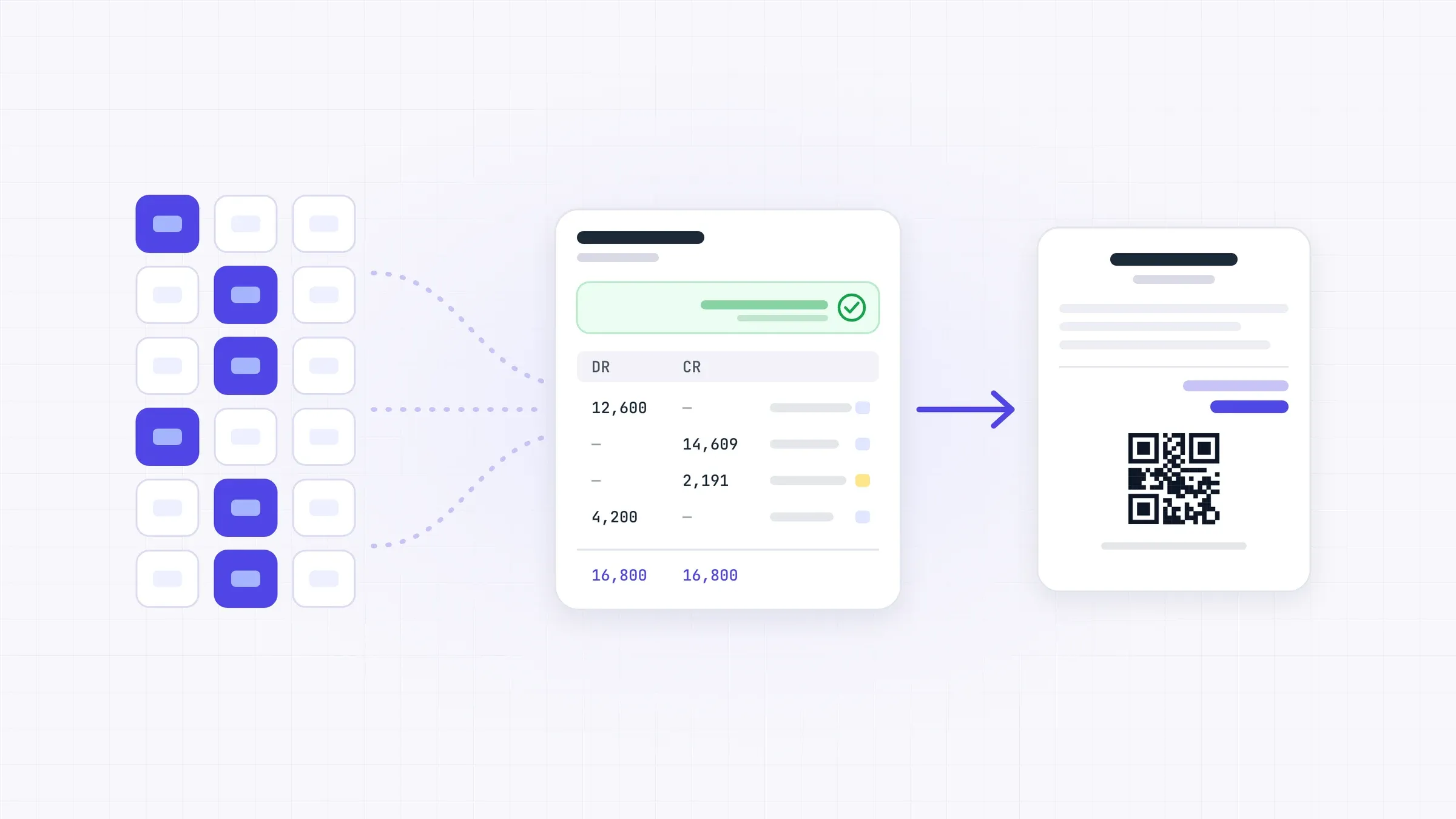 Illustration: 18 module tiles post into one balanced ledger, which produces a tax invoice with a QR code.