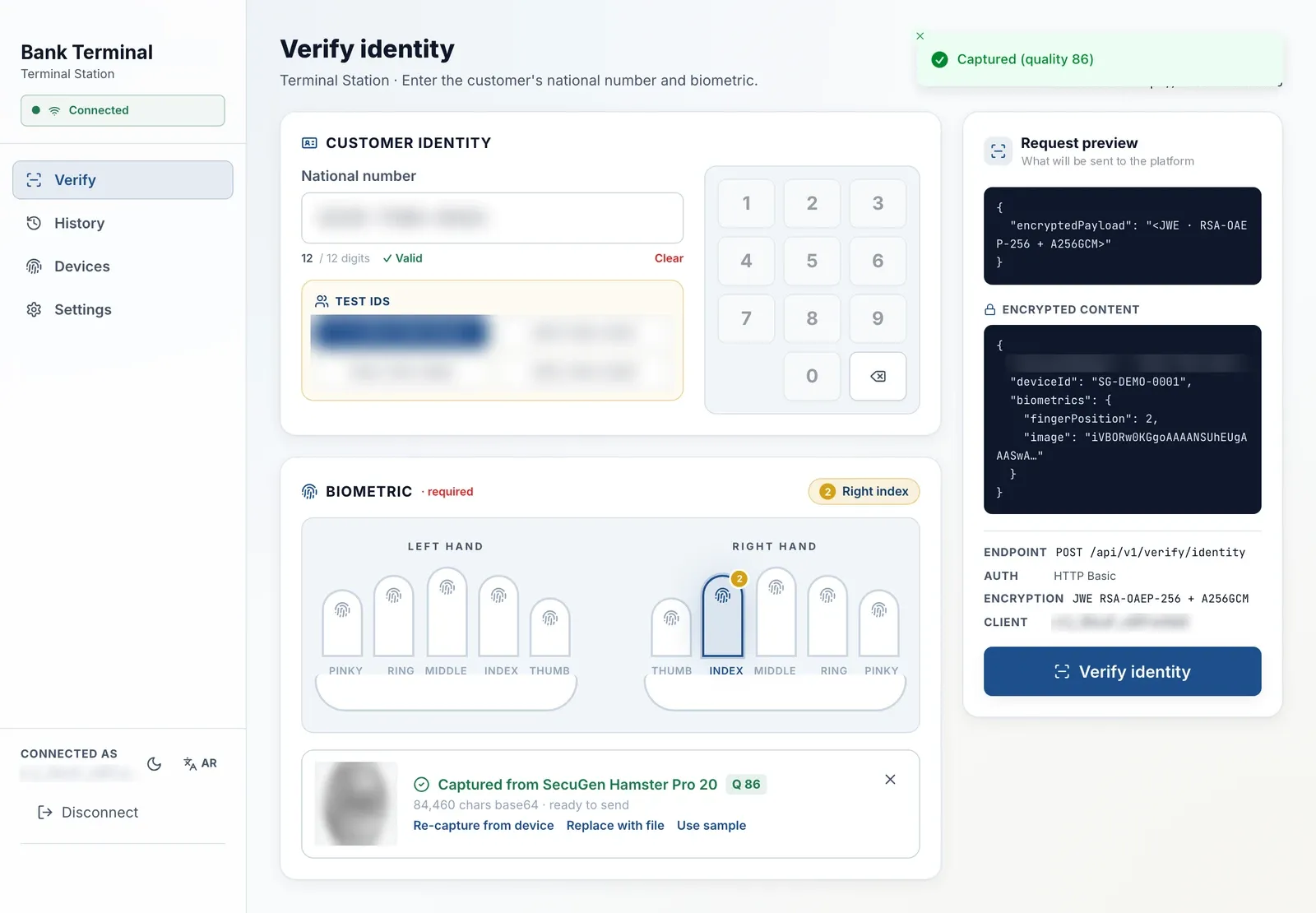 Bank terminal verify screen: national number, finger selection, captured fingerprint with quality 86, and the encrypted request preview.