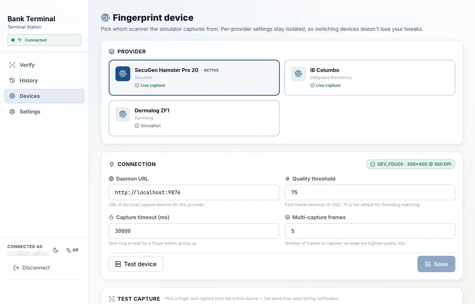 Fingerprint device settings: SecuGen, IB Columbo and Dermalog providers, with quality threshold, timeout and multi-frame capture.