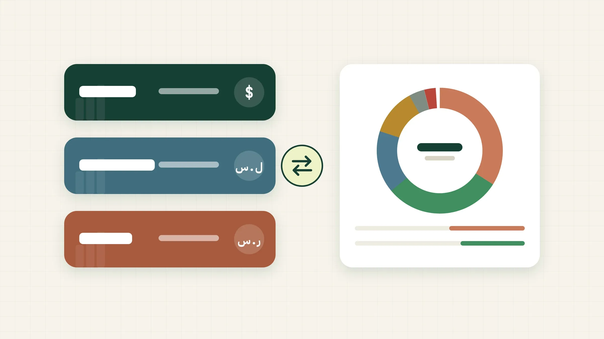 Illustration: three wallet cards in US dollars, Syrian pounds and Saudi riyals, an exchange icon, and a spending donut chart.
