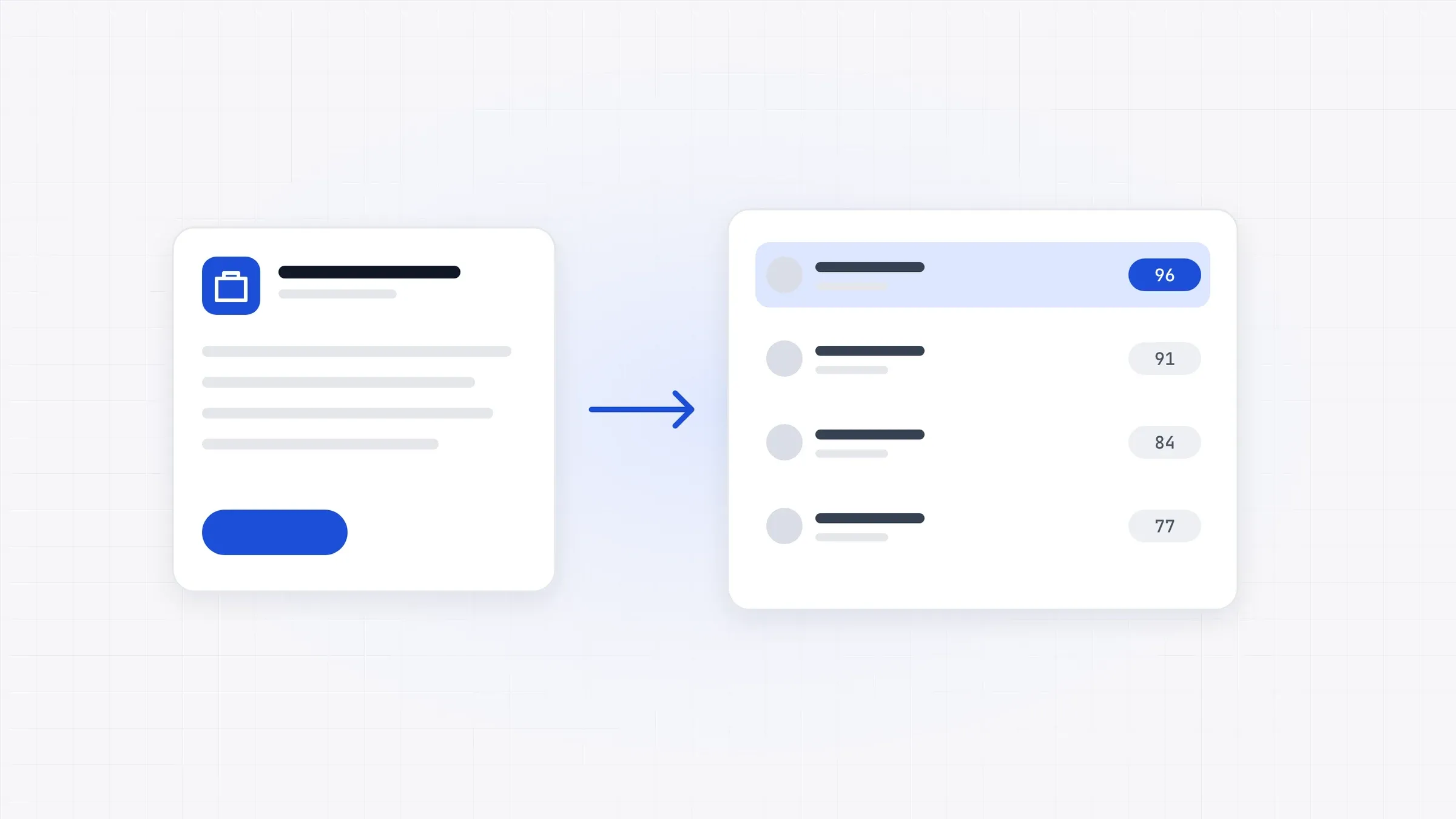 Illustration: a job post card next to a ranked list of applicants with match scores.