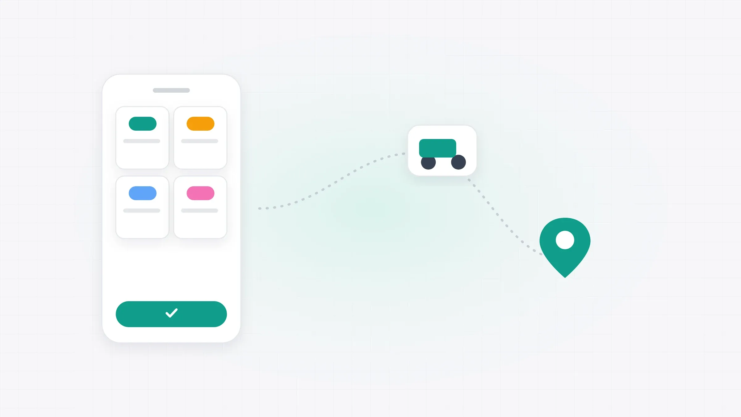 Illustration: a pharmacy shopping app, a delivery vehicle, and a route to the customer's location pin.