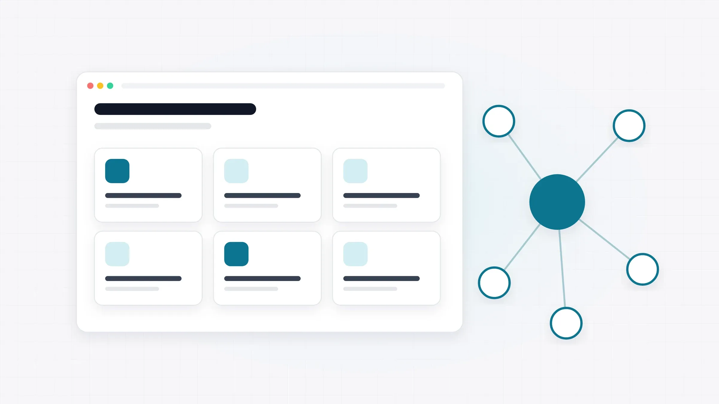 Illustration: a corporate website with service tiles next to a network of connected systems.