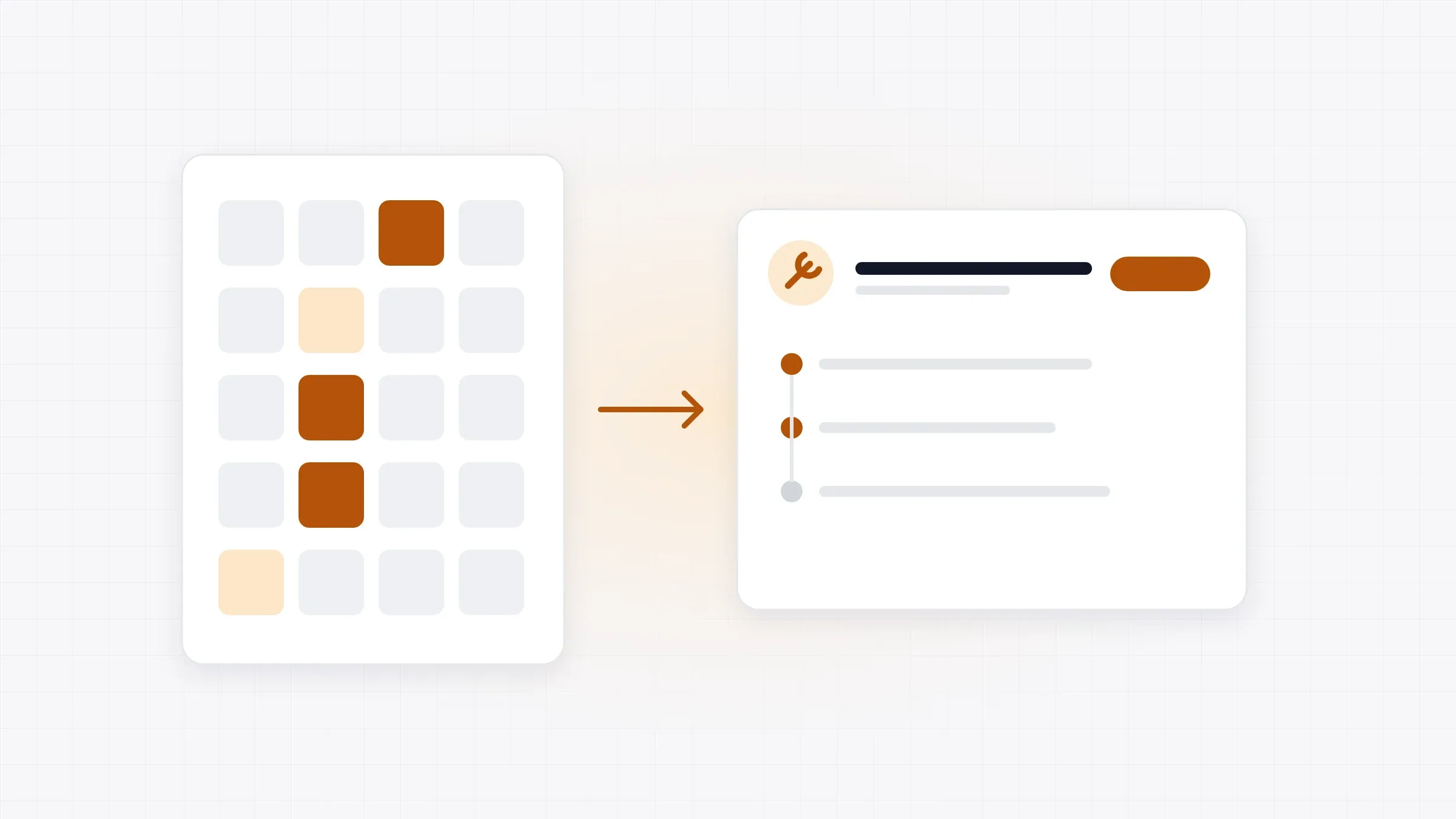 Illustration: a building grid of units next to a maintenance ticket with a progress timeline.