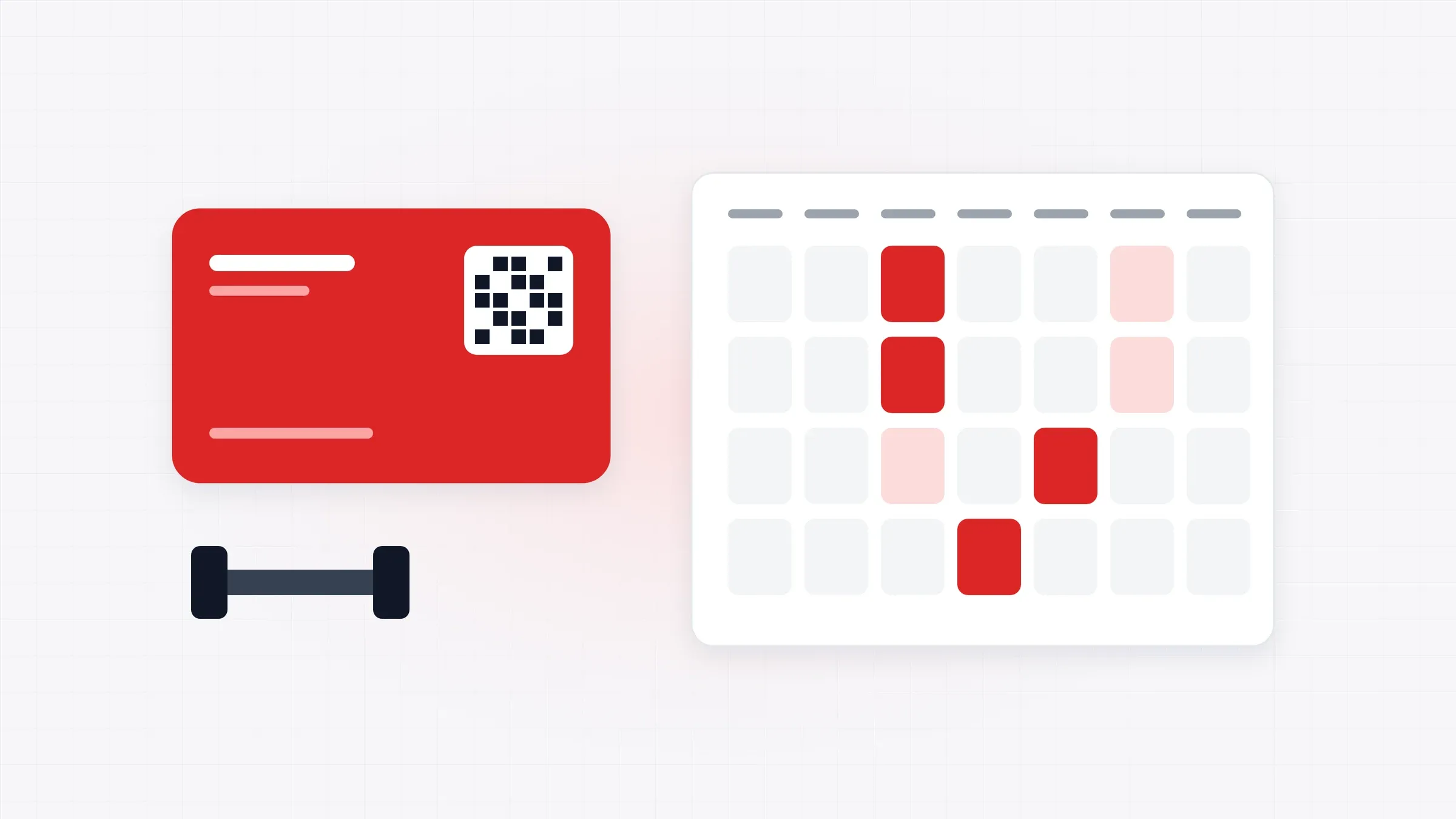 Illustration: a membership card with a QR code, a dumbbell, and a weekly class calendar.