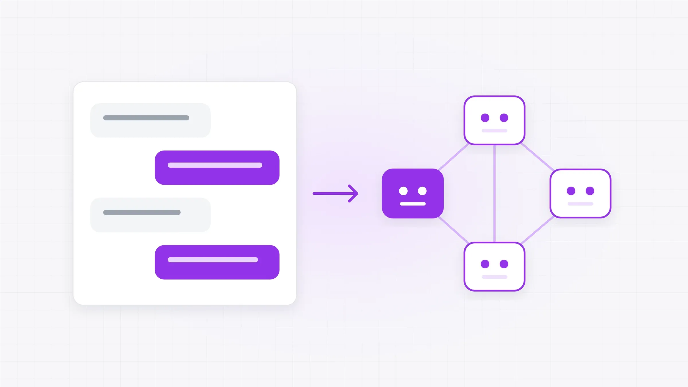 Illustration: a chat conversation next to a network of connected AI agents.