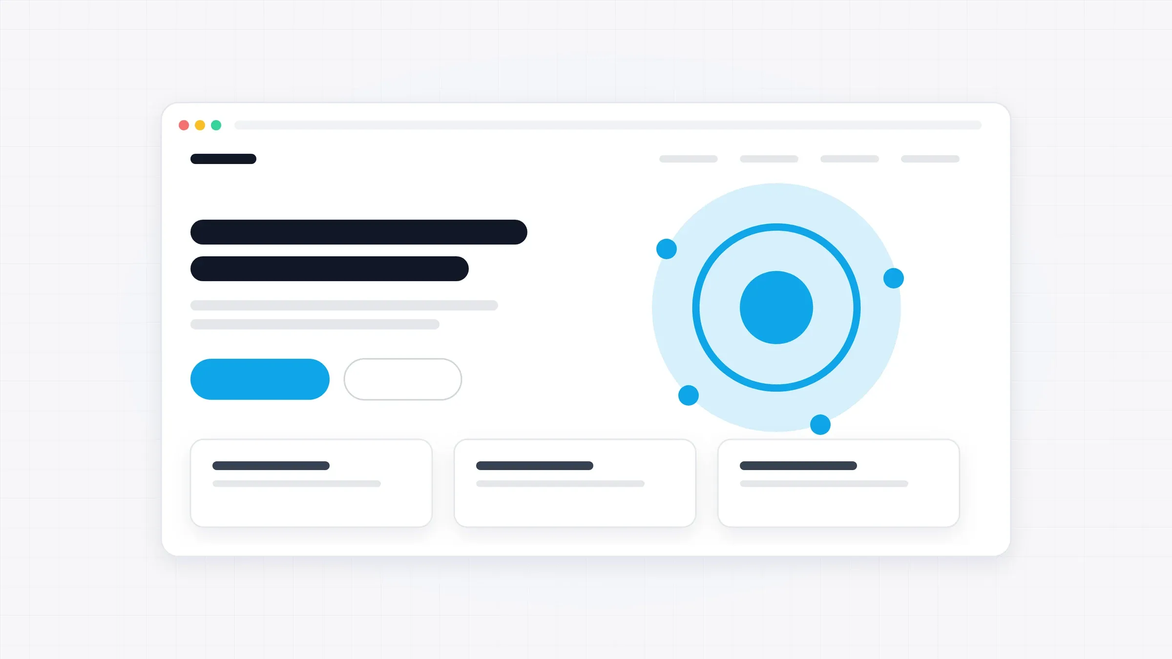 Illustration: a company website hero section with an abstract AI shape and service cards.